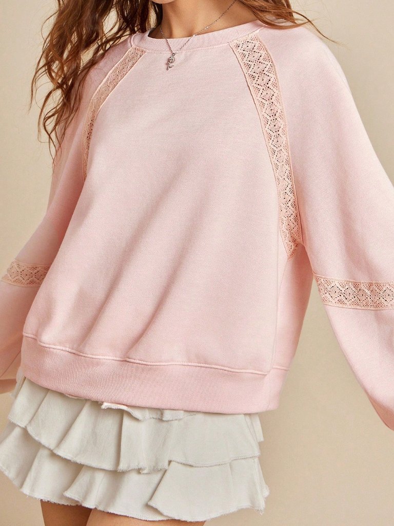 Pink Casual Women's Fleece & Crochet Lace Crewneck Sweatshirt